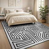 Black White Geometric Maze Labyrinth Black and White Rug