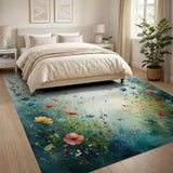 Washable Watercolor Floral Meadow Area Rug - Low Pile & Non-Slip