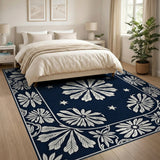 Navy Blue Floral Star Border Area Rug