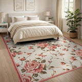Vintage Pink Rose Floral Area Rug on Cream