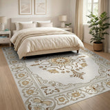 Beige and Neutral Ornate Gold Floral Persian Area Rug