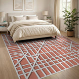 Vibrant Orange White Grid Geometric Rug