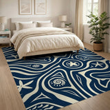 Navy Blue Coastal Starfish Wave Area Rug