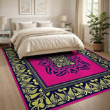 Ornate Pink Mandala Area Rug with Navy Gold Borders