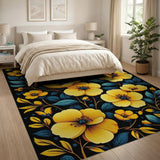 Vibrant Yellow Floral Teal Leaves Black Area Rug