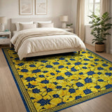 Yellow Sunflower Floral Area Rug with Navy Centers
