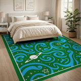 Cosmic Swirl Green Area Rug with Stars Planet
