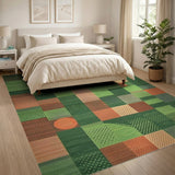ODIKA Washable Green Geometric Checkered Area Rug - Low Pile, Non-Slip & Pet Friendly