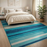 Teal Blue Horizontal Stripe Geometric Area Rug