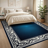 Navy Blue Ornate Floral Border Area Rug