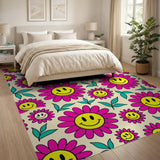 Cheerful Pink Smiley Daisy Face Area Rug