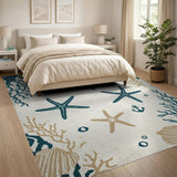 ODIKA Washable Coastal Nautical Area Rug - Teal Starfish & Coral Pattern, Non-Slip Low Pile Rug