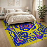 Vibrant Yellow Medallion Rug with Blue Pink Florals