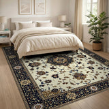 Ivory Traditional Persian Area Rug with Navy Border