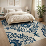 Navy Blue Ornate Floral Damask Rug