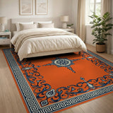 Ornate Orange Medallion Area Rug with Blue Borders