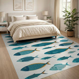 Whimsical Teal Fish School Area Rug