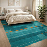 Teal Geometric Block Area Rug with Orange Accents
