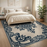 Beige and Neutral Navy Ornate Floral Medallion Area Rug