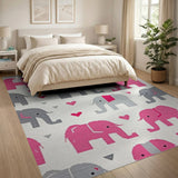 Playful Pink Grey Elephant Kids Area Rug