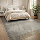 Washable Neutral Beige Bordered Low Pile Area Rug