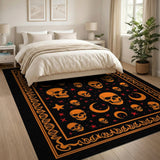 Gothic Orange Skulls Moons Stars Black Area Rug
