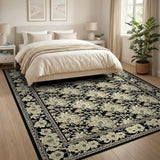 Black Persian Floral Area Rug with Cream Blooms