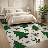 Festive Green Christmas Trees Holly Berries Area Rug