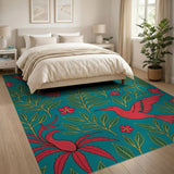Teal Hummingbird Floral Pattern Area Rug