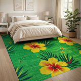Vibrant Yellow Hibiscus on Green Area Rug