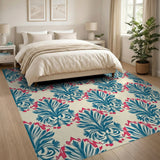 Blue Teal Palm Leaf Red Berry Pattern Rug