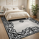 Ornate Floral Scroll Black White Area Rug