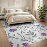 Purple Daisy Grey Leaf Floral Area Rug
