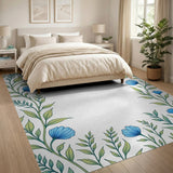 Cornflower Blue Floral Leaf Border Area Rug