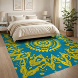 Teal Blue Mandala Persian Area Rug with Golden Flourishes