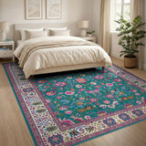 Teal Persian Floral Area Rug with Ornate Borders