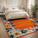 Vibrant Orange Floral Border Area Rug