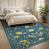 Navy Blue Yellow Floral Persian Area Rug