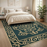 Ornate Teal Persian Area Rug with Gold Filigree