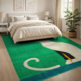Playful Black Cat on Vibrant Green Area Rug