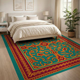 Ornate Teal Red Traditional Persian Rug