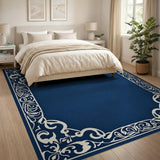 Navy Blue Ornate Floral Frame Area Rug