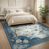 ODIKA Washable Chinoiserie Blue and White Floral Area Rug - Low Pile Non-Slip Pet & Kid Friendly