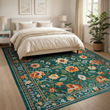 Blue and Teal Traditional Persian Teal Persian Floral Medallion Area Rug