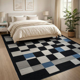 Modern Geometric Checkerboard Area Rug Black White Grey Blue