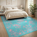 Flamingo Floral Blue Teal Washable Area Rug