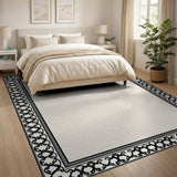 Beige and Neutral Ornate Black Floral Border Beige Area Rug
