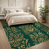 Emerald Green Gold Floral Damask Area Rug