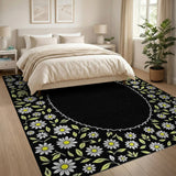 Black Daisy Floral Oval Frame Area Rug
