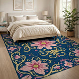 Ornate Pink Floral Navy Blue Area Rug